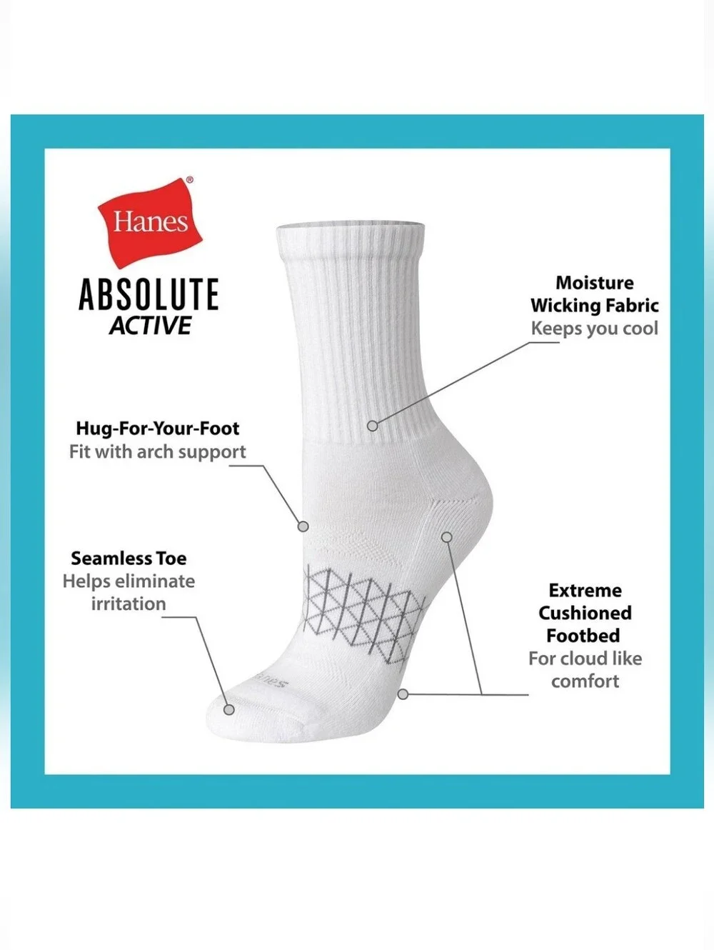 Hanes Womens White Crew Absolute Athletic Socks 4-Pack Shoe Size 5-9 Nwt
